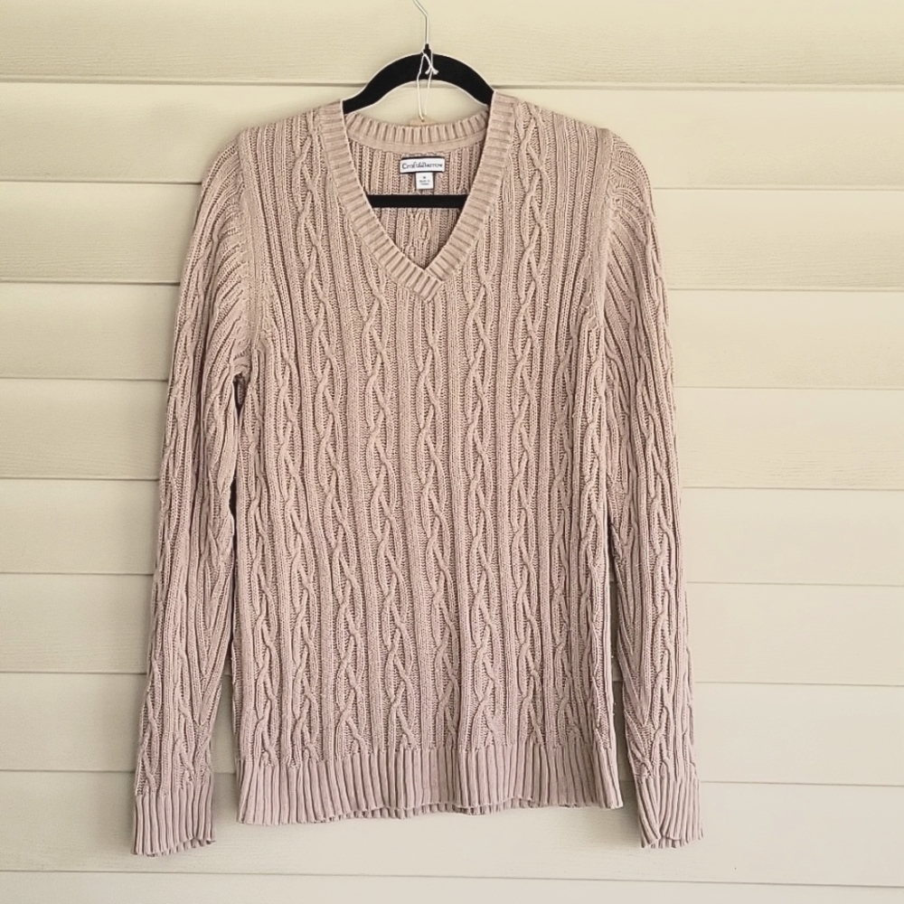 CROFT AND BARROW CABLE KNIT V NECK LONG SLEEVE SWEATER TAN SIZE MEDIUM